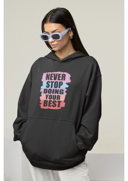 Oversize Never Stop Yazılı Hoodie