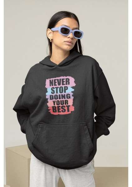 Oversize Never Stop Yazılı Hoodie