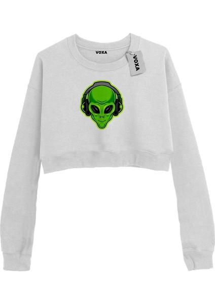 Basic Crop Bisiklet Yaka Uzun Kollu Alien Sweatshirt