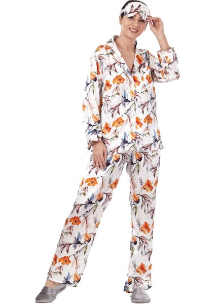 Saf İpek Gömlek Pantolon-Pijama Takımı Çiçek Desen Ekru Nomads Felt
