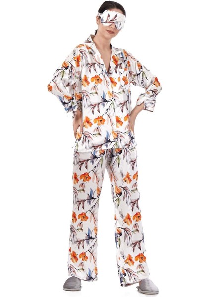 Saf İpek Gömlek Pantolon-Pijama Takımı Çiçek Desen Ekru Nomads Felt