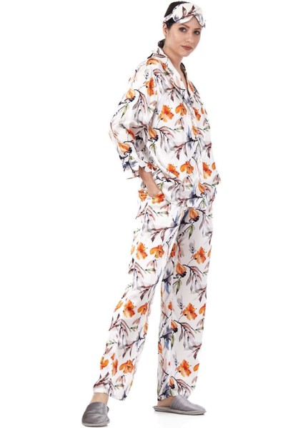 Saf İpek Gömlek Pantolon-Pijama Takımı Çiçek Desen Ekru Nomads Felt