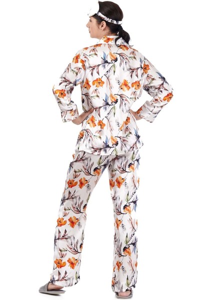 Saf İpek Gömlek Pantolon-Pijama Takımı Çiçek Desen Ekru Nomads Felt