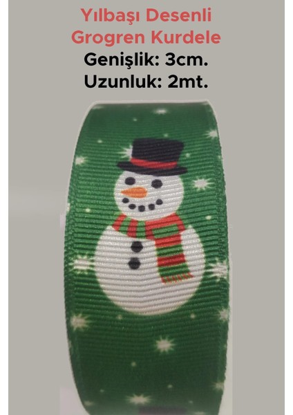 3cm x 2mt Yılbaşı Desenli Yeşil Renk Grogren Kurdele
