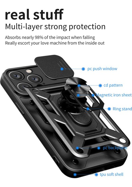 Iphone 14 Pro Max Için 6.7 Inç Önem Anti-Fingerprint Telefon Slayt Kamera Koruması Pc+Tpu Ring Kickstand Anti-Cratch Telefon Kapağı Case Black (Yurt Dışından)