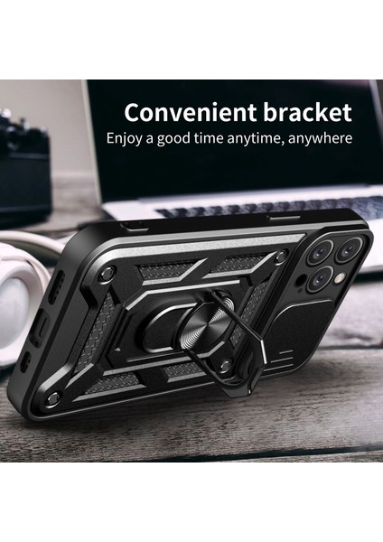 Iphone 14 Pro Max Için 6.7 Inç Önem Anti-Fingerprint Telefon Slayt Kamera Koruması Pc+Tpu Ring Kickstand Anti-Cratch Telefon Kapağı Case Black (Yurt Dışından)