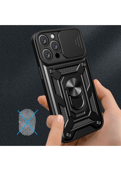 Iphone 14 Pro Max Için 6.7 Inç Önem Anti-Fingerprint Telefon Slayt Kamera Koruması Pc+Tpu Ring Kickstand Anti-Cratch Telefon Kapağı Case Black (Yurt Dışından)