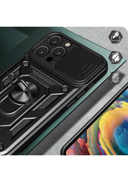 Iphone 14 Pro Max Için 6.7 Inç Önem Anti-Fingerprint Telefon Slayt Kamera Koruması Pc+Tpu Ring Kickstand Anti-Cratch Telefon Kapağı Case Black (Yurt Dışından)