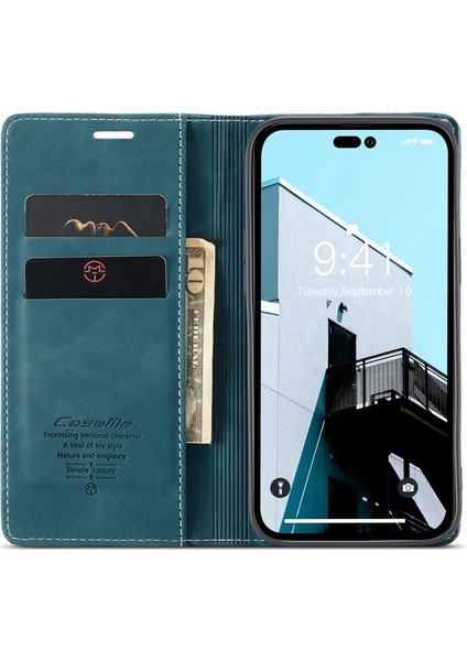 Iphone 14 Pro Max 6 6.7 Inç Manyetik Otomatik Absorbed Stand Damla Geçirmez Pu Deri Telefon Kapak Mavisi (Yurt Dışından)