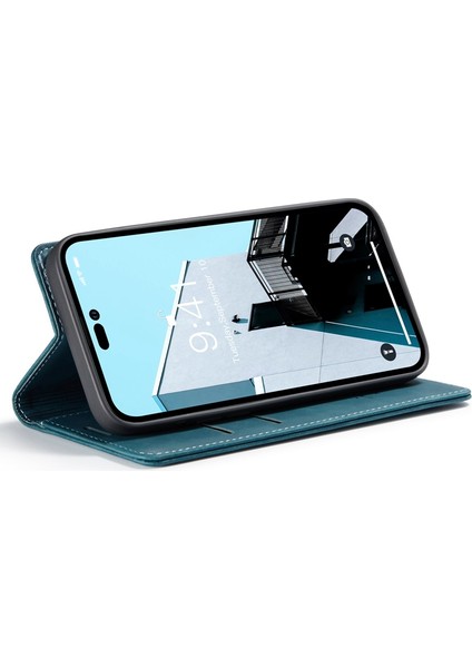 Iphone 14 Pro Max 6 6.7 Inç Manyetik Otomatik Absorbed Stand Damla Geçirmez Pu Deri Telefon Kapak Mavisi (Yurt Dışından)