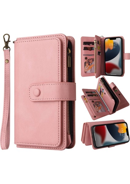 Iphone 14 Için 6.7 Inç Pu Deri Çoklu Kart Yuvası Kılıf Zipper Cep Cüzdan Stand Cilt Touch Telefon Kapak Pembe (Yurt Dışından)