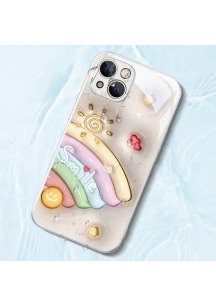 Iphone 14 Için Smile Face Yüz Gökkuşağı Desenli Telefon Kılıfı Temperlenmiş Cam+Tpu Anti-Drop Kapak-Beyaz (Yurt Dışından)
