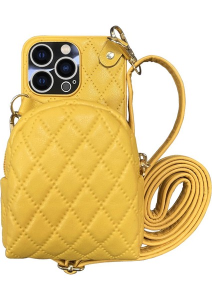 Iphone 14 Pro Max Için Maksimum Rhombus Desenli Cep Telefonu Çantası Crossbody Pu Pu Deri Kaplamalı Pc Kart Tutucu Fermuar Kapağı Omuz Kayış Sarı (Yurt Dışından)