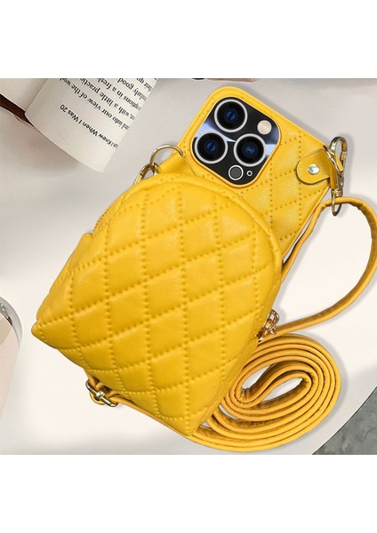 Iphone 14 Pro Max Için Maksimum Rhombus Desenli Cep Telefonu Çantası Crossbody Pu Pu Deri Kaplamalı Pc Kart Tutucu Fermuar Kapağı Omuz Kayış Sarı (Yurt Dışından)