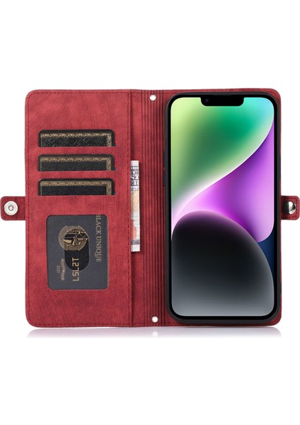Iphone 14 Için Plus Fermuar Cep Tasarım Cep Telefonu Cüzdan Kılıfı 9 Kart Yuvaları Pu Deri Stand Kapağı Bilek Kayış Kırmızısı (Yurt Dışından) fırsatları