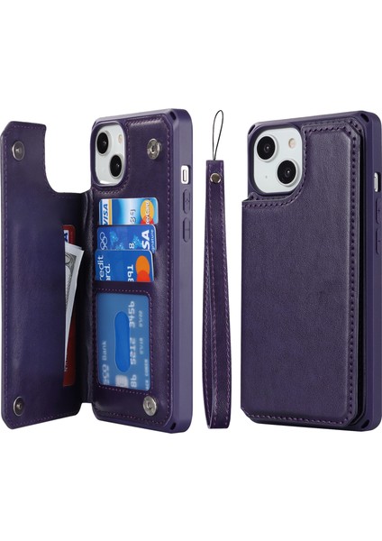 Iphone 14 Için Plus Kart Yuvaları Tasarımı Kickstand Pu Deri Kaplamalı Tpu Telefon Kılıfı Strap-Dark Purple ile Çarpışma Karşıtı Cüzdan Kapağı (Yurt Dışından)