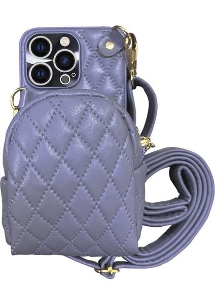Iphone 14 Pro Max Için Maksimum Rhombus Desenli Cep Telefonu Çantası Crossbody Pu Pu Deri Kaplamalı Pc Kart Tutucu Fermuar Kapağı Omuz Kayış-Doğru (Yurt Dışından)