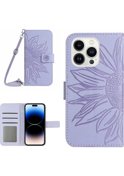 Iphone 14 Pro Max HT04 Için Şok Geçirmez Telefon Kılıfı Baskılı Ayçiçeği Cilt Touch Pu Deri Deri Stand Cüzdan Koruyucu Omuz Kayış Işığı Mor (Yurt Dışından)