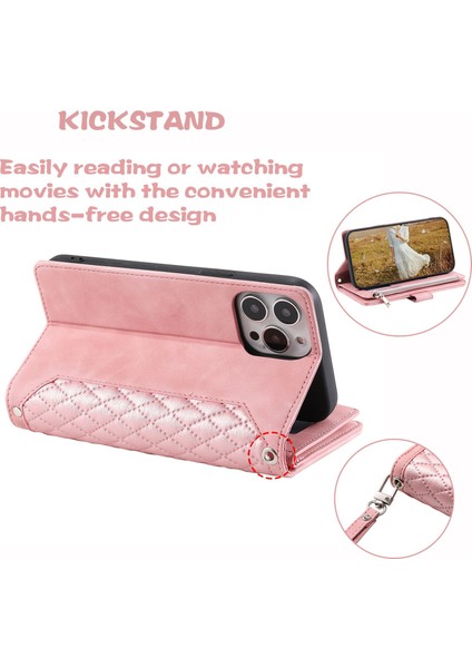 Rhombus Grid Dokulu Pu Deri Telefon Kılıfı Iphone 14 Için Plus 6.7 Inç Fermuarlı Cep Standı Cüzdan Kapağı Strap-Rose Altın (Yurt Dışından) indirimleri