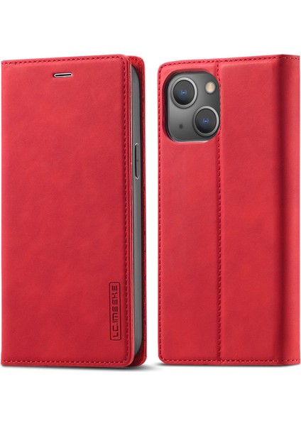 Iphone 14 Için Pu Deri Cüzdan Folio Flip Case Manyetik Otomatik Absorbed Stand Kapak Kırmızısı (Yurt Dışından)