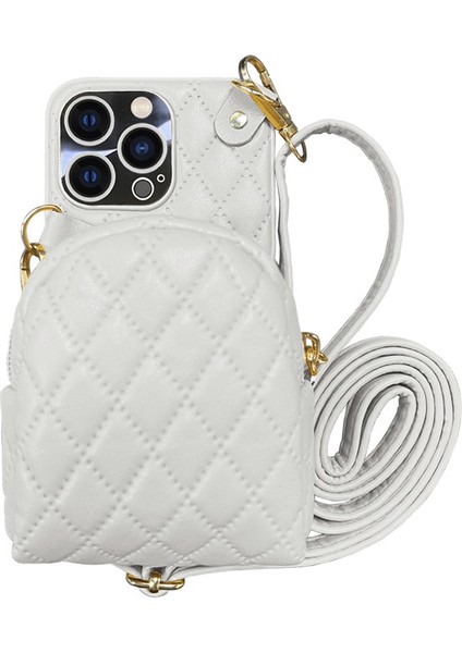 Iphone 14 Pro Max Için Maksimum Rhombus Desenli Cep Telefonu Çantası Crossbody Pu Pu Deri Kaplamalı Pc Kart Tutucu Fermuar Kapağı Omuz Kayışı-Beyaz (Yurt Dışından)