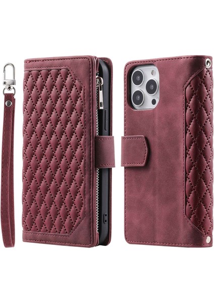 Rhombus Grid Dokulu Pu Deri Telefon Kılıfı Iphone 14 Için Plus 6.7 Inç Fermuar Cep Stand Cüzdan Kapağı Strap-Wine Red ile (Yurt Dışından)