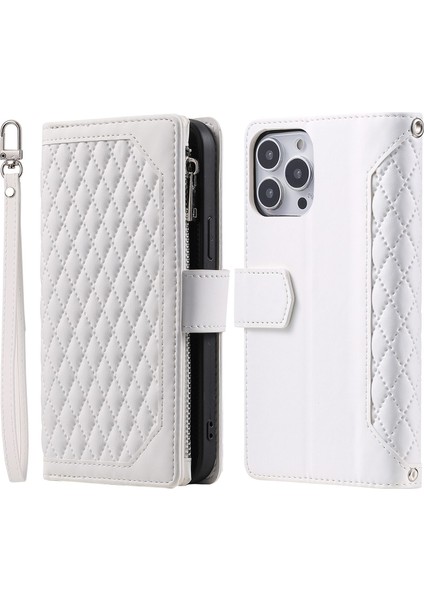 Rhombus Grid Dokulu Pu Deri Telefon Kılıfı Iphone 14 Için Plus 6.7 Inç Fermuar Cep Stand Cüzdan Kapağı Strap-White (Yurt Dışından)