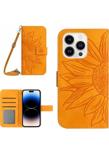 Iphone 14 Pro Max HT04 Için Şok Geçirmez Telefon Kasası Basılı Sunçiçeği Cilt Touch Pu Deri Deri Stand Cüzdan Koruyucusu Omuz Kayışı Sarı ile (Yurt Dışından)