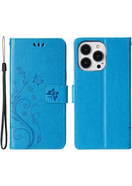 Iphone 14 Pro Max Için 6.7 Inç Baskılı Kelebekler Pu Deri Deri Flip Cüzdan Kılıf Stand Stand Shap-Blue (Yurt Dışından)