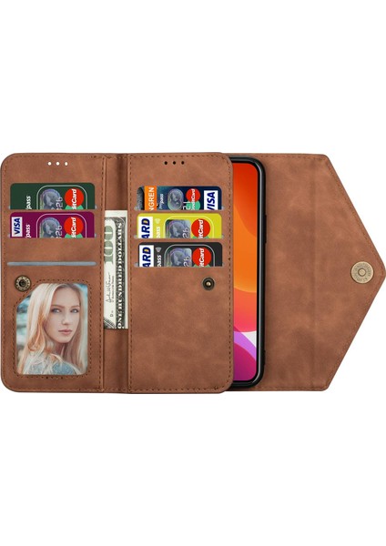 Iphone 14 Pro Max Için 6.7 Inçlik Şok Emme Telefon Kasası Pu Deri Deri Dokunuş Hissi Fermuar Cüzdanı Kısa+Uzun Kayış Kahverengi ile Kapak Kapağı (Yurt Dışından)