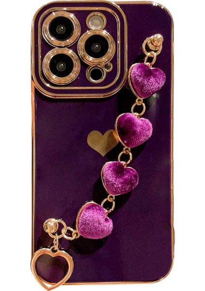 Iphone 14 Pro Max Elektraptaşlama Telefon Kılıfı Yumuşak Tpu Arka Kapak Peluş Love-Ceart Strap-Dark Mor (Yurt Dışından)