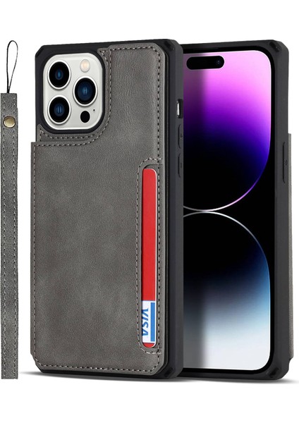 Iphone 14 Pro Max Için Çoklu Kart Yuvaları Kickstand Tasarım Anti-Çizgi Pu Deri+Tpu Telefon Kılıfı Manyetik Snap Düğmesi Telefon Kapağı Kabuk Grey (Yurt Dışından)