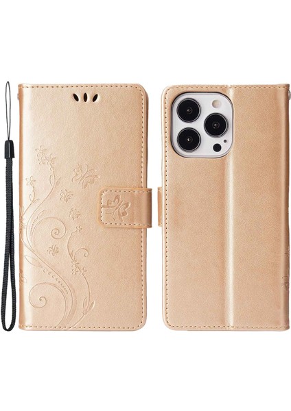 Iphone 14 Pro Max Için 6.7 Inç Baskılı Kelebekler Pu Deri Deri Flip Cüzdan Kılıf Stand Stand Anti-Fall Telefon Kapağı Kayış-Gold (Yurt Dışından)