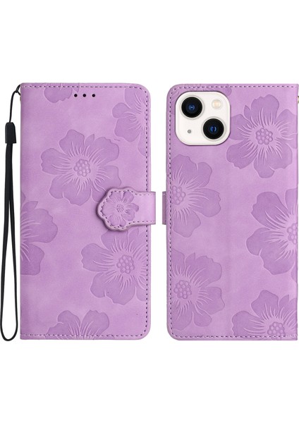 Iphone 14 Için Pu Deri Deri Telefon Kabuğu Cüzdan Kapağı Baskılı Çiçek Deseni Flip Stand Case-Purple (Yurt Dışından)