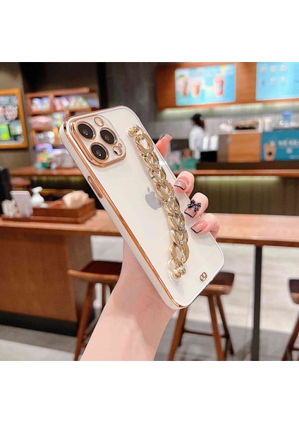 Iphone 14 Pro Max Çift Renkli Elektraplatma Yumuşak Tpu Koruyucu Kapak-Beyaz Için El Zinciri Tasarım Geri Kılıf (Yurt Dışından)