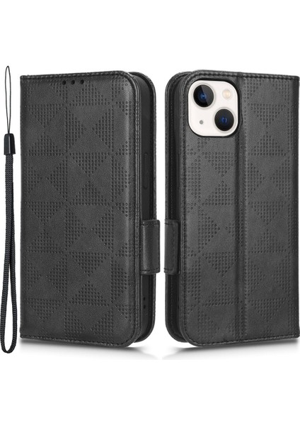Iphone 14 Için Plus Dayanıklı Üçgen Desen Baskılı Kasa Cüzdan Tasarım Kitap Stili Pu Deri Telefon Kapağı Strap-Black (Yurt Dışından)