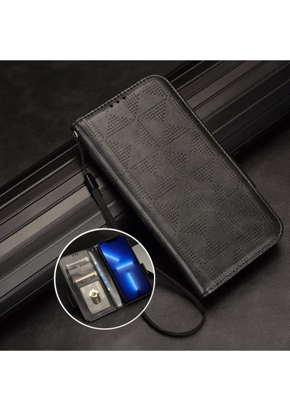 Iphone 14 Için Plus Dayanıklı Üçgen Desen Baskılı Kasa Cüzdan Tasarım Kitap Stili Pu Deri Telefon Kapağı Strap-Black (Yurt Dışından)