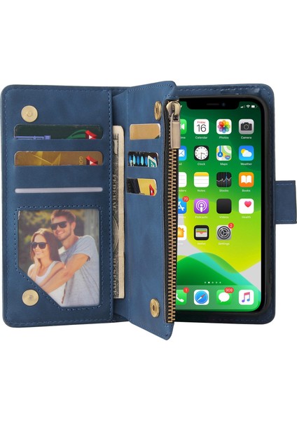 Iphone 14 Için Plus Fermuar Cep Kartı Yuvaları Tasarım Pu Deri Telefon Kapağı Cüzdan Standı Damla Geçirmez Kasa Mavisi (Yurt Dışından)