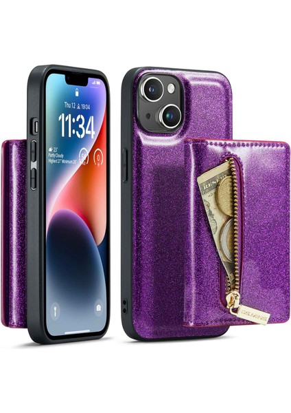 Iphone 14 Için Plus 2'si Bir Arada Çıkarılabilir Telefon Kılıfı Cüzdan Kickstand-Dark Purple ile Işıltılı Manyetik Cep Telefonu Kapağı (Yurt Dışından)