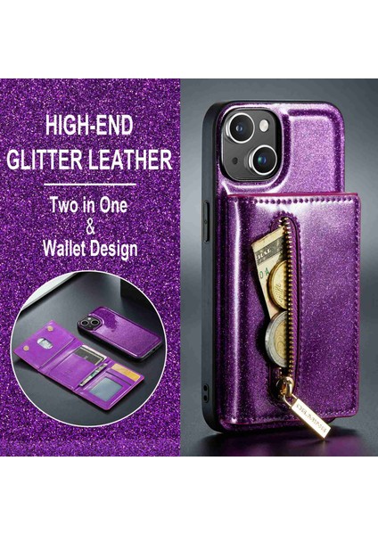 Iphone 14 Için Plus 2'si Bir Arada Çıkarılabilir Telefon Kılıfı Cüzdan Kickstand-Dark Purple ile Işıltılı Manyetik Cep Telefonu Kapağı (Yurt Dışından) fırsatları