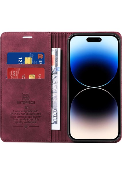 Iphone 14 Pro Max Max Magnety Telefon Kılıfı Pu Deri Stand Kapağı Rfıd Engelleme Cüzdan Telefon Kabuğu Kırmızısı (Yurt Dışından) modelleri