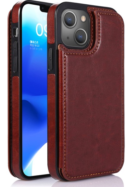 Iphone 14 Için Pu Deri Kaplamalı Tpu Telefon Kılıfı Çılgın At Doku Kart Tutucu Kickstand Cover-Brown (Yurt Dışından)