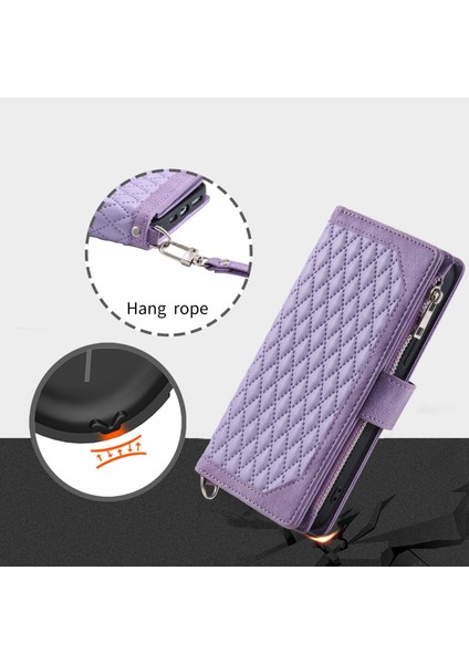 Iphone 14 Için Cüzdan Tasarımı Flip Manyetik Telefon Kapağı Rhombus Izgara Doku Pu Deri Fermuar Cep Standı Kılıf-Mor (Yurt Dışından)