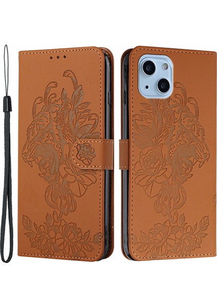 Iphone 14 Için Plus Baskı Tiger Head Pu Deri Kılıf Kılıfı Strap Strap Cüzdan Stili Özellik Flip Cover-Brown (Yurt Dışından)