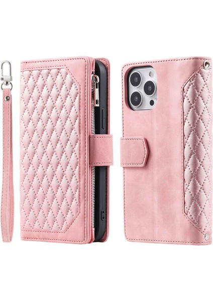 Iphone 14 Için Cüzdan Tasarımı Flip Manyetik Telefon Kapağı Rhombus Izgara Doku Pu Deri Fermuar Cep Standı Kasa Golü Altın (Yurt Dışından)