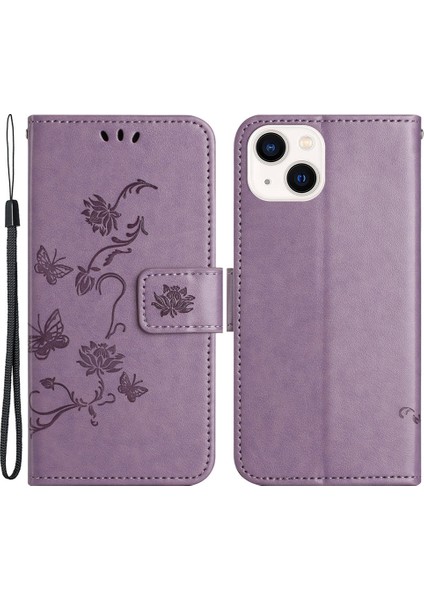 Iphone 14 Için Artı Cüzdan Tarzı Kelebek Çiçeği Baskılı Anti-Damla Kasa Pu Deri Standı Strap-Morlu Özellikli Telefon Kabuğu (Yurt Dışından)