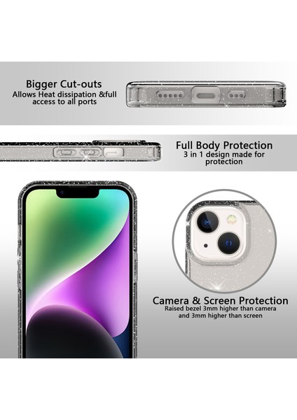 Iphone 14 Için GW18 Artı Parıltılı Toz Tasarımı Clear Tpu Kasa Telefon Bırakma Geçirmez Arka Kapak-Şeffaf Siyah (Yurt Dışından)