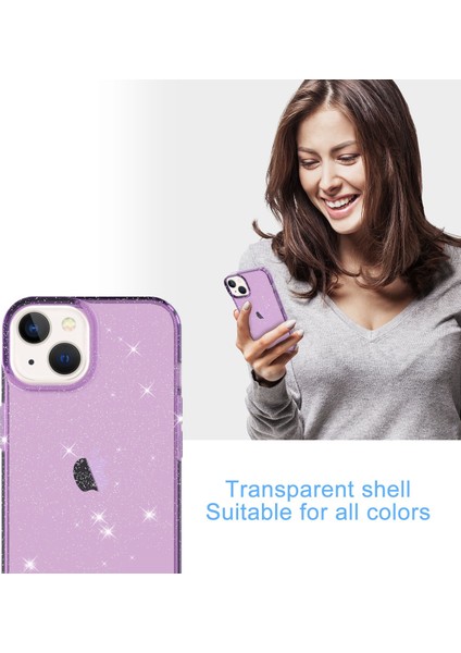 Iphone 14 Için GW18 Plus Glitter Powder Tasarım Clear Tpu Case Telefon Damla Damla Koşullu Geri Kapak Tespit Edici Mor (Yurt Dışından)