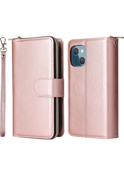 Iphone 14 Için Anti-Çizik Pu Deri Telefon Kasası Artı 9 Kart Tutucu Yuvaları Manyetik Kapanma Fermuar Cep Flip Cüzdan Kapağı Standı Strap-Rose Altın (Yurt Dışından)