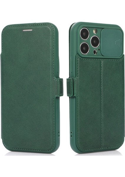 Iphone 14 Pro Max Pu Deri Stand Kartı Tutucu Için Kasa Şok Geçirmez Manyetik Toka Slayt Kamera Koruma-Blackish Green ile Telefon Kapağı (Yurt Dışından)